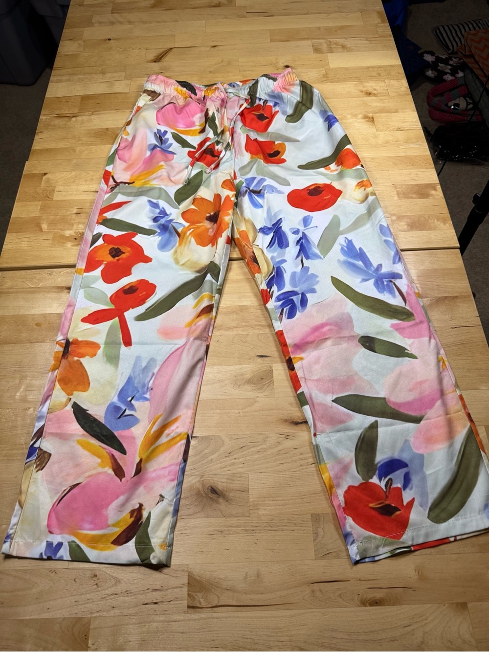 Wide Leg Satin Watercolor Floral Pants with Drawstring